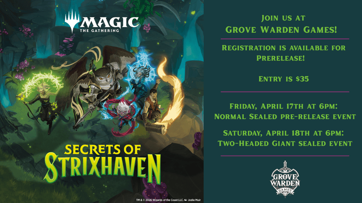 GWardenGames's tweet photo. ✨ Strixhaven Prerelease at Grove Warden Games! ✨

💰 $35 Entry
👉 Fri, Apr 17 • 6PM – Sealed event 
🤝 Sat, Apr 18 • 6PM – Two-Headed Giant Sealed event

Registration is OPEN! Be among the first to play the new set 🧙‍♂️
#MTG #Strixhaven #GroveWardenGames #Strixhaven https://t.co/XcSL0VI95g