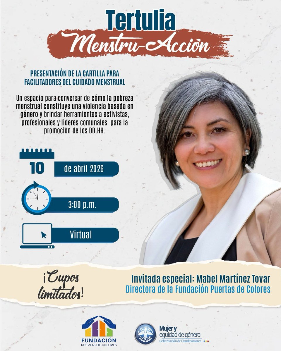 MujerGeneroCund's tweet photo. Tertulia Menstru-Acción 💬✨
Hablemos de pobreza menstrual y derechos humanos.

📅 10 abril | ⏰ 3:00 p. m. | 💻 Virtual
⚠️ Cupos limitados

Link de ingreso: https://t.co/0zYQuNlvkA

#MenstruAcción #DDHH #EquidadDeGénero https://t.co/Zg9wTvJr42