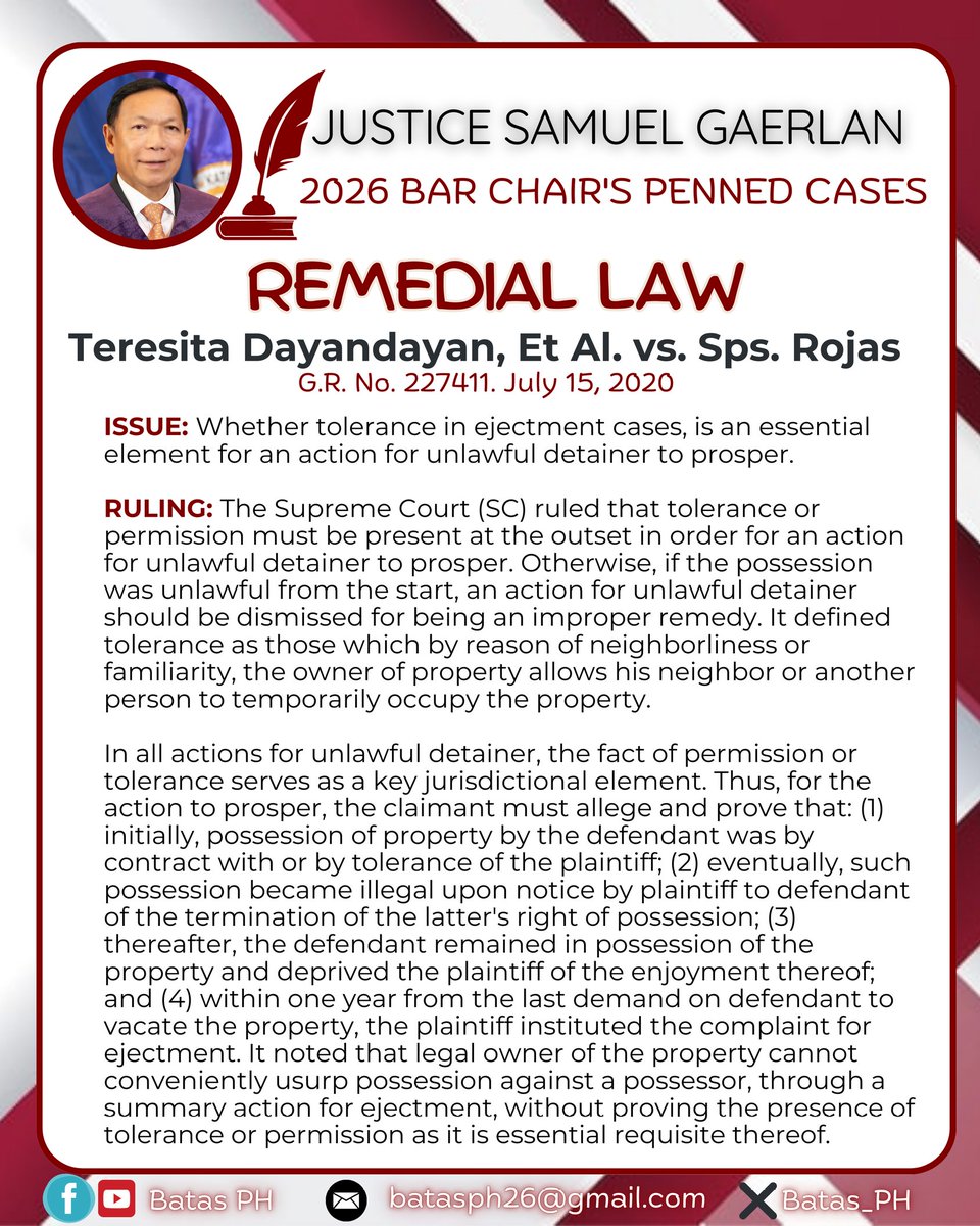 Batas_Ph's tweet photo. JUSTICE SAMUEL GAERLAN PENNED CASE!!⚖️👨‍⚖️

Teresita Dayandayan, Et Al. vs. Sps. Eduardo &amp; Enriquita Rojas
G.R. No. 227411, July 15, 2020 

#StrivewithHopeandGrit #Bar2026 #AweSAMbar2026 #getthatbar2026
#SuccessAchievedthroughMerit #batasph https://t.co/k1FaUUgunn
