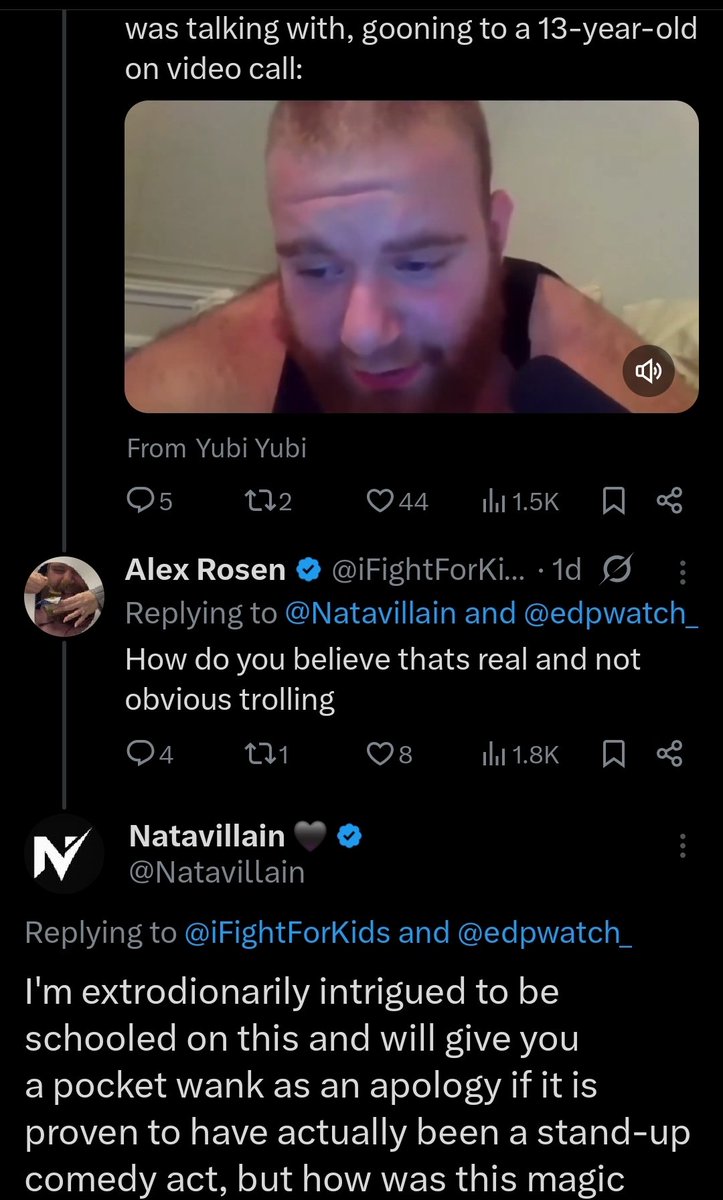 Natavillain's tweet image. My experience of pissing on Schlep so far:

-Told by Schlep's friend that him asking a child to strip and asking "Do you promise you're 13" to have actually been "trolling," and that the bait Alex used was actually a 16-year-old, other minors, and his own underaged images of