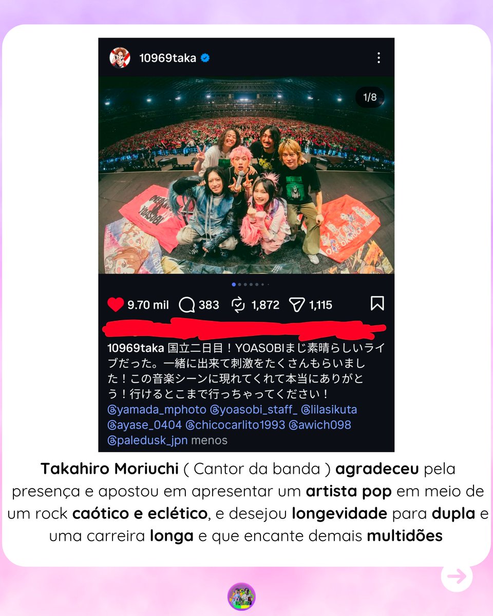 YoasobiBrasil's tweet photo. ����𝙔𝙊𝘼𝙎𝙊𝘽𝙄 𝙓 𝙊𝙉𝙀 𝙊𝙆 𝙍𝙊𝘾𝙆🎸
Tivemos a sublime supresa ontem durante o evento em que a banda One ok Rock havia apresentado a meses atrás, um "festival" chamado THE MUSIC STADIUM onde levaram para o Estádio Nacional do Japão!
#yoasobi #oneokrock #musicstadium #YOAS https://t.co/7M3TeJv3ry