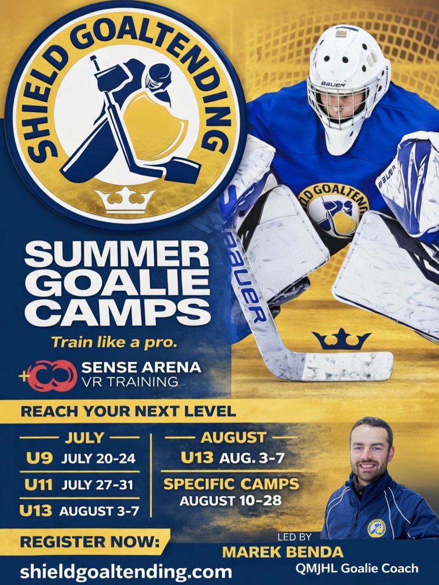 ShieldGoalies's tweet photo. Summer Goalie Camps are here 🛡️

Train like a pro.

This is where goalies build habits, sharpen details, and take real steps forward in their development while enjoying the process.

📅 U9: July 20–24 
📅 U11: July 27–31 
📅 U13: Aug. 3–7 
📅 Specific Goalie Camps: Aug. (10–28)

Led by QMJHL Goalie Coach Marek Benda 

Built for goalies who want to improve and love the game.

Secure your spot: 
👉 https://t.co/QZW6O62gLp 

#ShieldGoalies #BeTheShield #GoalieTraining #HockeyDevelopment