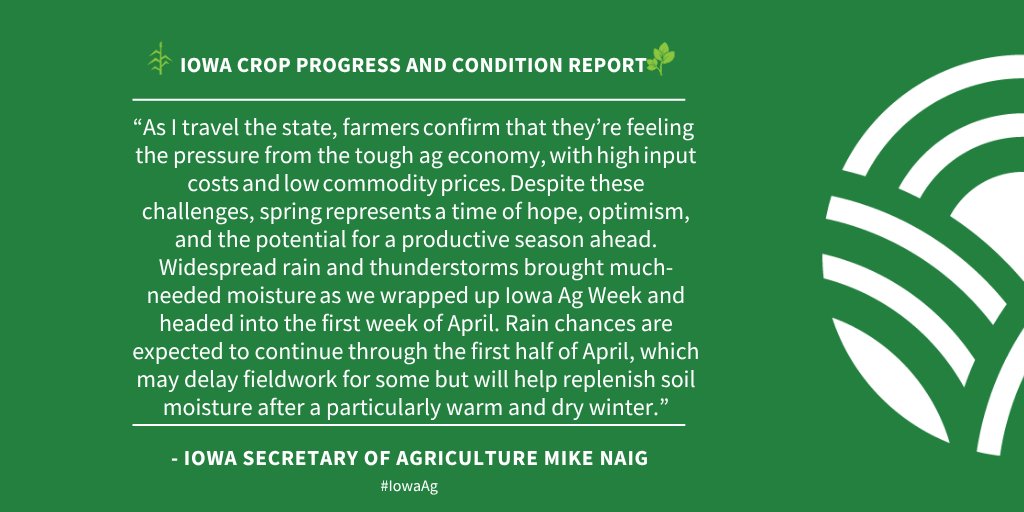 MauserInsurance's tweet image. Sec. Mike Naig for Iowa Agriculture commented on the first Iowa Crop Progress &amp;amp; Condition report of the season released by U.S. Department of Agriculture. The report is released weekly April - November. Read: iowaagriculture.gov/news/iowa-crop… #IowaFarmer #IowaAg #Iowa #Farmer #Farming