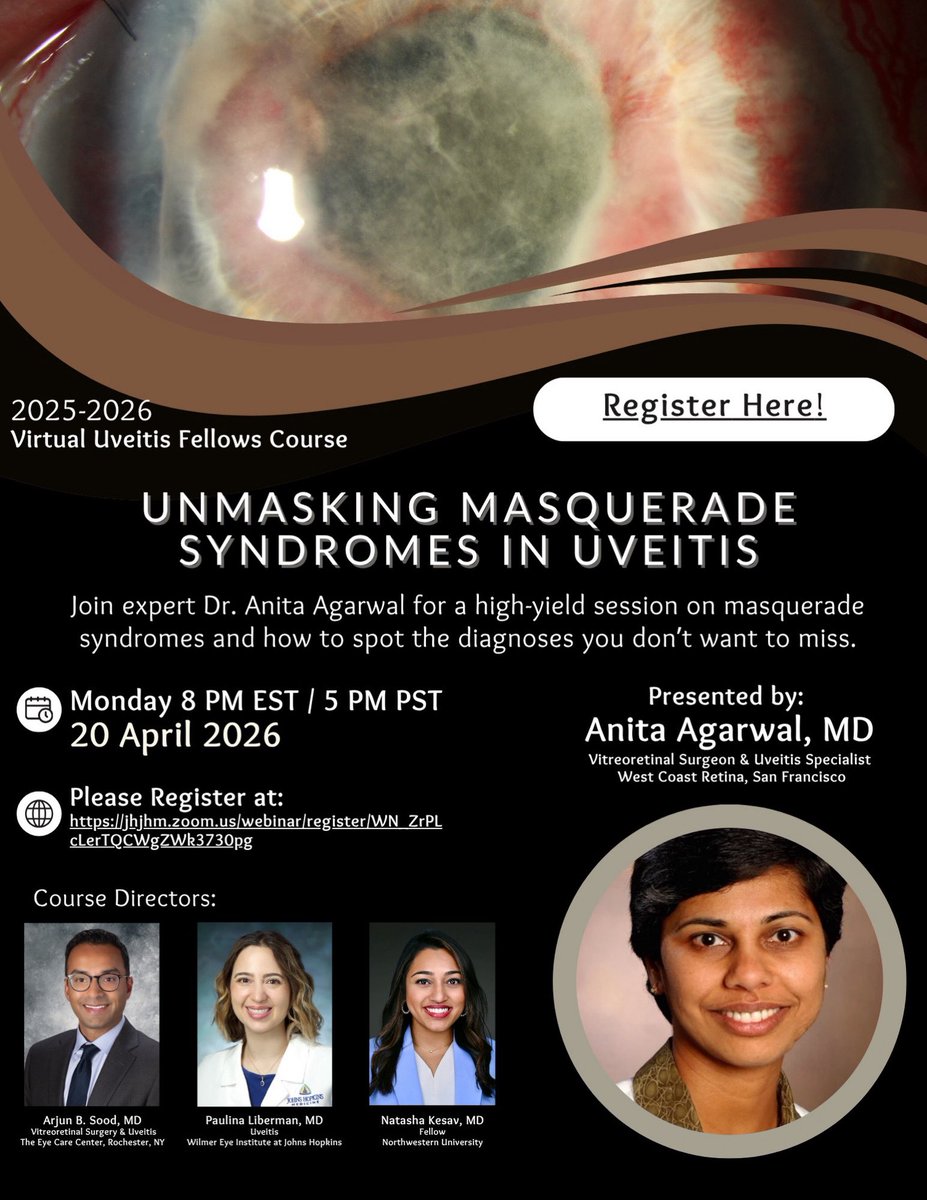 YoungUveitis's tweet photo. Don’t miss this.

Dr. Anita Agarwal | April 20
Masquerade syndromes in uveitis

A focused session on the diagnoses you don’t want to miss.

🔗 https://t.co/a433fyf0qY https://t.co/SsnEFhDpUJ