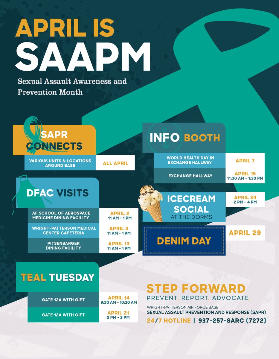 WrightPattAFB's tweet photo. One conversation can make a difference.

April is Sexual Assault Awareness &amp; Prevention Month.

Throughout the month, Wright-Patterson AFB’s SAPR team is hosting events focused on awareness, support and prevention.

Step forward. Prevent. Report. Advocate. https://t.co/YO1Kd8d6R9