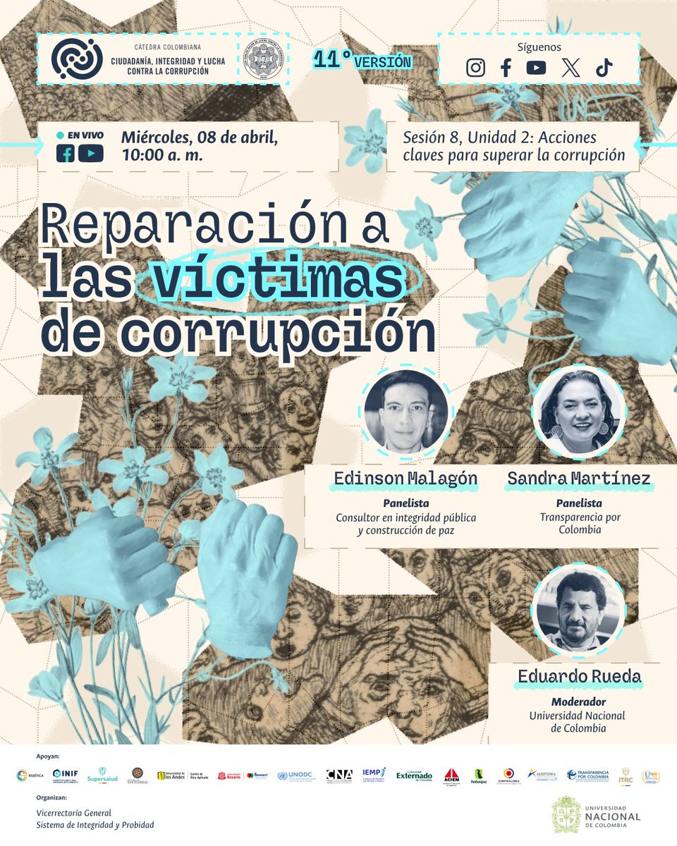 CatedraLucha's tweet photo. 💭¿Cómo visibilizar a quienes han sido afectados por la corrupción?

Acompáñanos esta semana en nuestra octava sesión del semestre:
🔹Reparación a las cíctimas de corrupción🔹

🗓️ Miércoles, 08 de abril
🕒 10:00 a. m.
📍 En vivo por nuestros canales de Facebook y YouTube https://t.co/S7yOu6843u