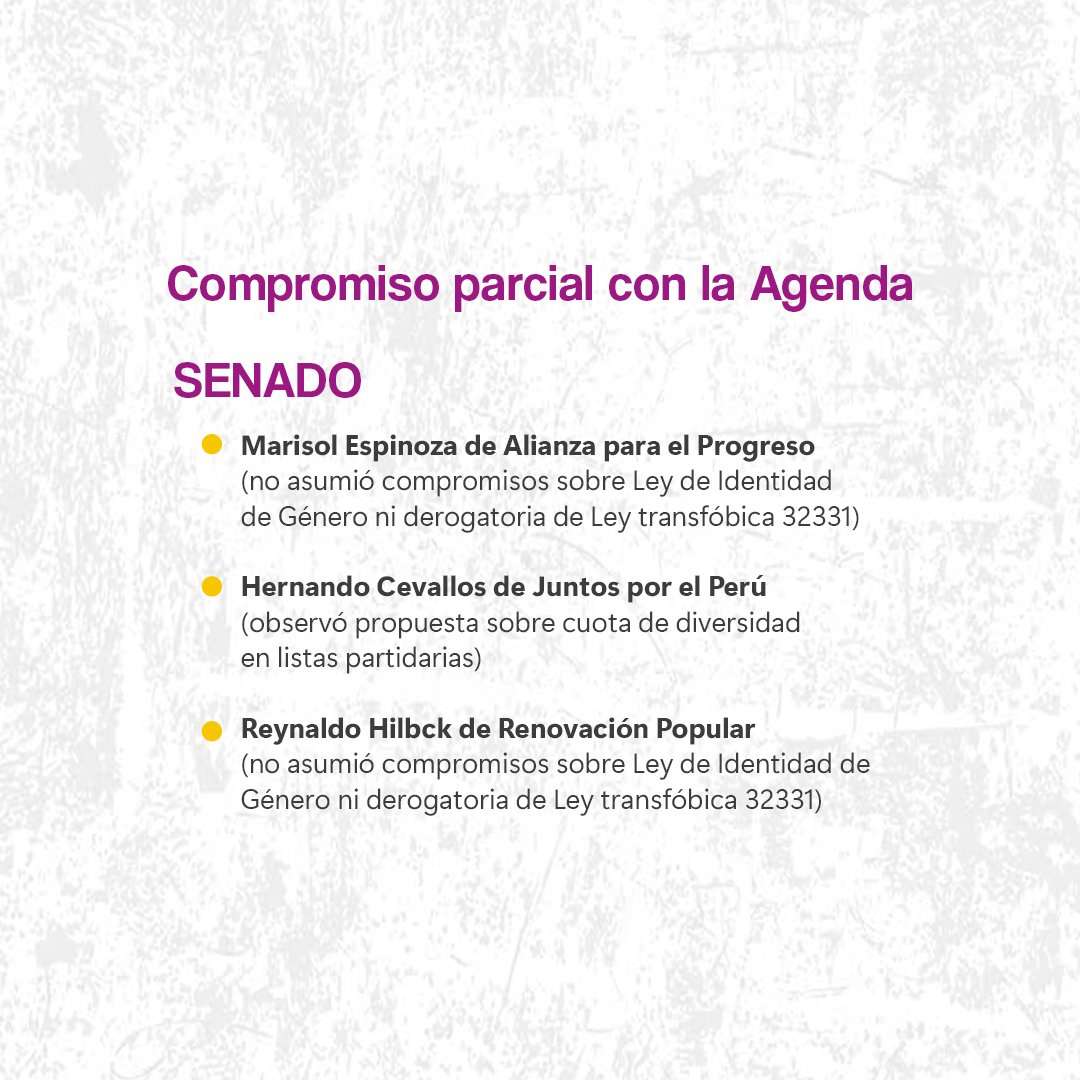 generaorgullo's tweet photo. @WaykaPeru @Cutivalupiura @entre_nosotres Compartimos quiénes asumieron compromisos —totales o parciales— 🤝 en temas clave para mujeres y personas LGBTIQ+ 🏳️‍⚧️💜

#AgendaPorLaIgualdad #Elecciones2026 🗳️ (2/3) https://t.co/srZNoKuTzR