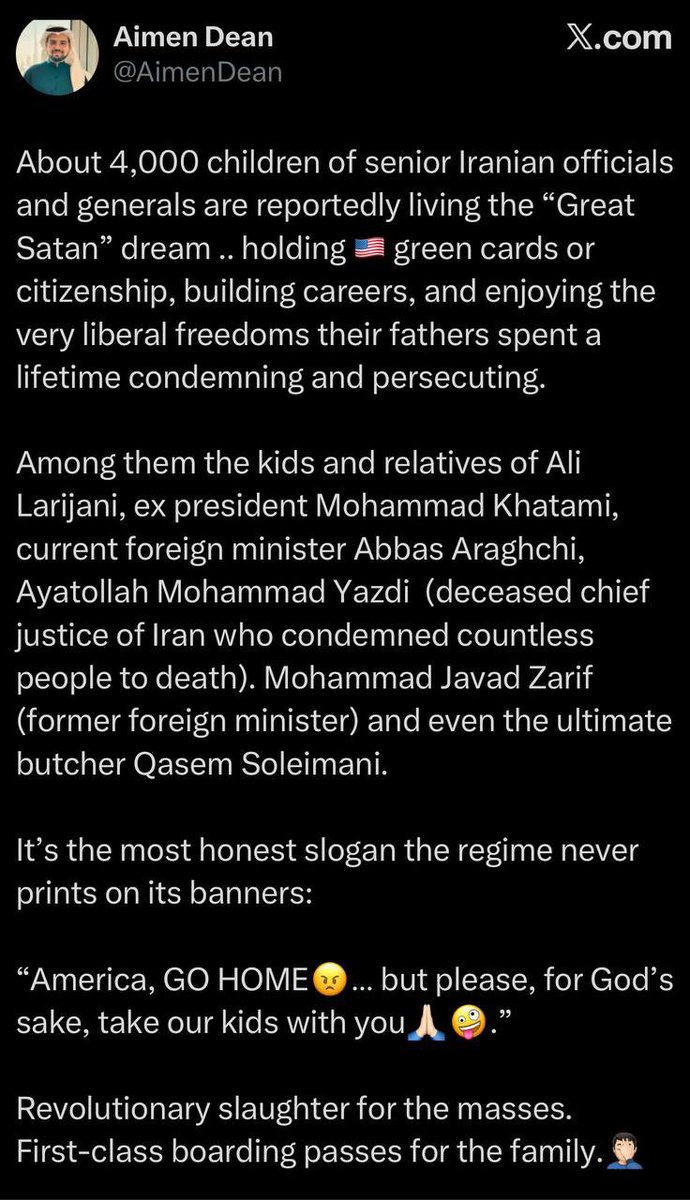 StevenDOAC's tweet photo. Iran is run by a “mafia-like” oligarchy of tyrants who desperately want to hold on to power. They want the world to believe they’re all waiting for the 12th Imam while they steal from the very people they are bold-face lying to. 

And it’s disgraceful how much the left in America wants these criminals to succeed. 

Like it or not, we’re engaged and we must now win…for the sake of freedom (economically & politically) and for the sake of the Iranian people who despise the tyrants that rule over every aspect of their lives. 

We know the Persian people and culture can return to a functioning, global society and culture once the yoke of this insane, psychotic group of crony thugs has been lifted and they have been destroyed. 

Like it or not, the war is engaged and we have only one acceptable outcome for America—Victory!