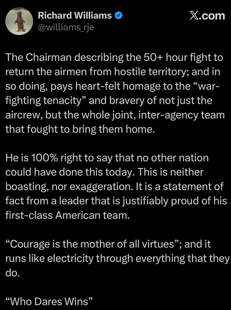 StevenDOAC's tweet photo. For an American Soldier (or Airman, Sailor or U.S. Marine), Courage is defined as acting in faith, strength, and confidence in God, often in the face of fear or danger to one’s life.

Our Chairman of the Joint Chiefs laid this out as clearly as any leader I’ve witnessed in decades. 

God Bless the men and women we have serving our nation in uniform today and God Bless their families as well for their courage and sacrifice.