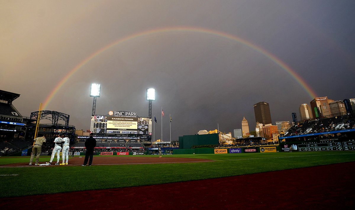 MattFreedPhoto's tweet photo. A third inning rainbow during the Pirates vs. Padres game this evening. https://t.co/sjECRJVVIV