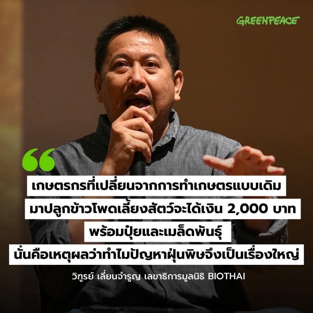 quote_wiwata's tweet photo. ที่มา : https://t.co/QCaQ259G5V

“ปัญหาฝุ่นพิษเกิดขึ้นมาเมื่อ 10 ปีมานี้เอง การเก็บเห็ดถอบไม่เคยทำให้เกิดปัญหาฝุ่นพิษเลย ในรัฐบาลคสช. มีนโยบายยุทธศาสตร์พืชเศรษฐกิจ 4 ชนิดโดยมีข้าวโพดเลี้ยงสัตว์เป็นหนึ่งในนั้น เกษตรกรที่เปลี่ยนจากการทำเกษตรแบบเดิมมาปลูกข้าวโพดเลี้ยงสัตว์แปลงใหญ่จะได้เงินกินเปล่า 2,000 บาทพร้อมปุ๋ยและเมล็ดพันธุ์ นั่นคือเหตุผลว่าทำไมปัญหาฝุ่นพิษจากการเกษตรเชิงอุตสาหกรรมจึงกลายเป็นปัญหาใหญ่” วิฑูรย์ เลี่ยนจำรูญ เลขาธิการมูลนิธิ BIOTHAI กล่าว
.
เมื่อความต้องการข้าวโพดเพิ่มขึ้น บริษัทอุตสาหกรรมเนื้อสัตว์ ทุนผูกขาดยักษ์ใหญ่จึงขยายการเพาะปลูกไปสู่ประเทศเพื่อนบ้าน ข้าวโพดเลี้ยงสัตว์ที่อยู่ในภาคเหนือของประเทศไทย 3.5 ล้านไร่ แต่อยู่ในประเทศเพื่อนบ้านมากกว่านั้น เพราะฉะนั้นถ้าจะจัดการปัญหาฝุ่นพิษที่เกิดขึ้น ต้องจัดการกับการเผาทั้งในและต่างประเทศ
.
“บริษัทอุตสาหกรรมเนื้อสัตว์ต้องรับผิดชอบ รัฐต้องนำเงินที่สนับสนุนบริษัทอุตสาหกรรมเนื้อสัตว์มาช่วยเกษตรกรปรับเปลี่ยนวิธีทำการเกษตร ยกเลิกการนำเข้าข้าวโพดจากพื้นที่การเผาจึงจะแก้ปัญหานี้ได้” วิฑูรย์กล่าว