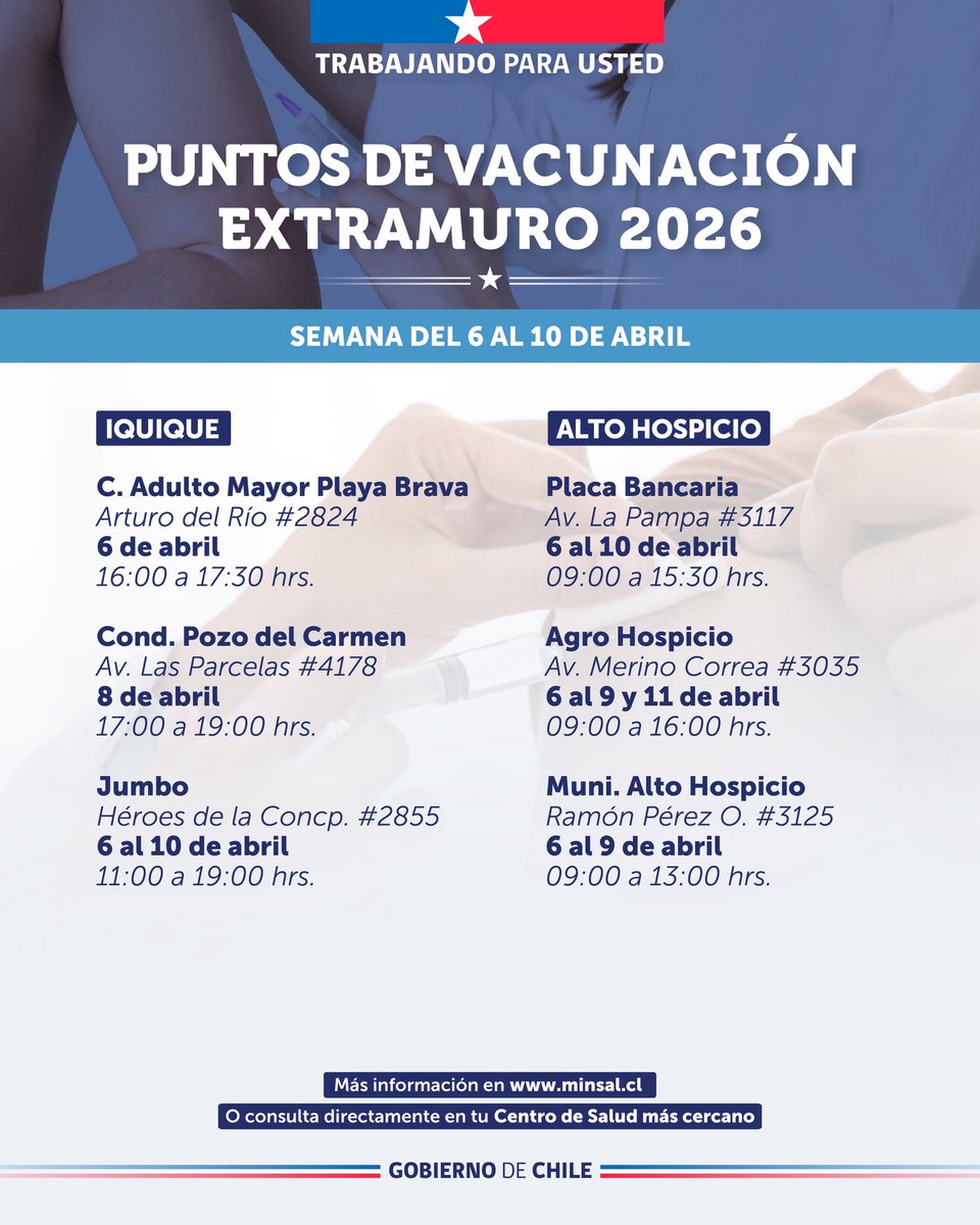 SeremiSalud_I's tweet photo. Les dejamos los puntos de vacunación extramural actualizados para los próximos días en la región de Tarapacá,

👉 Es fundamental reforzar el llamado a que los grupos objetivo acudan a vacunarse y se preparen con anticipación para el invierno de 2026. https://t.co/FK5QUg4o2R