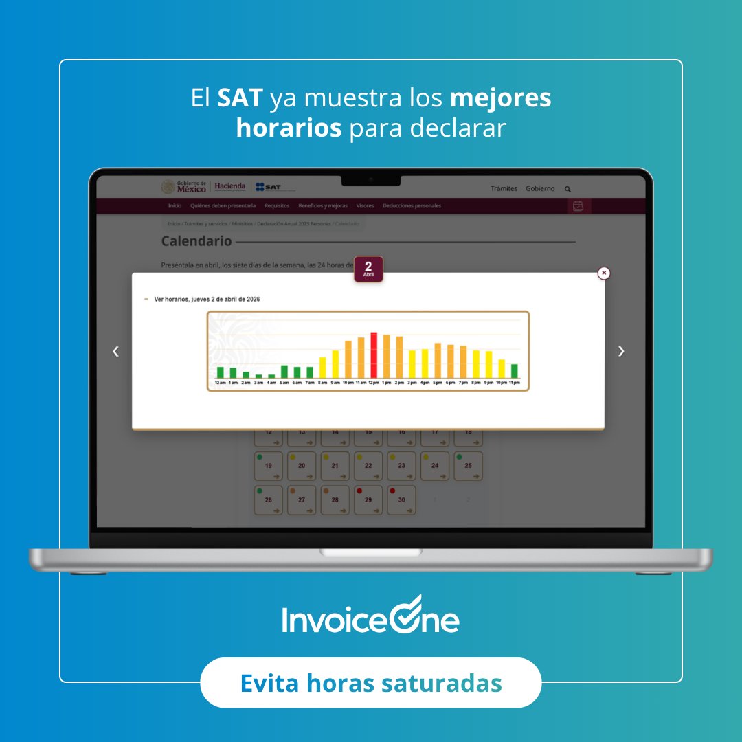 InvoiceOne's tweet photo. 🚨El SAT ya reveló las “mejores horas” para hacer tu declaración

Publicaron un calendario con los días y horas con menor saturación dentro del micrositio de personas físicas. Está basado en estadísticas reales del año pasado. 

Revísalo antes de entrar: https://t.co/8EcyYWBheG https://t.co/IGQAV3pi5U