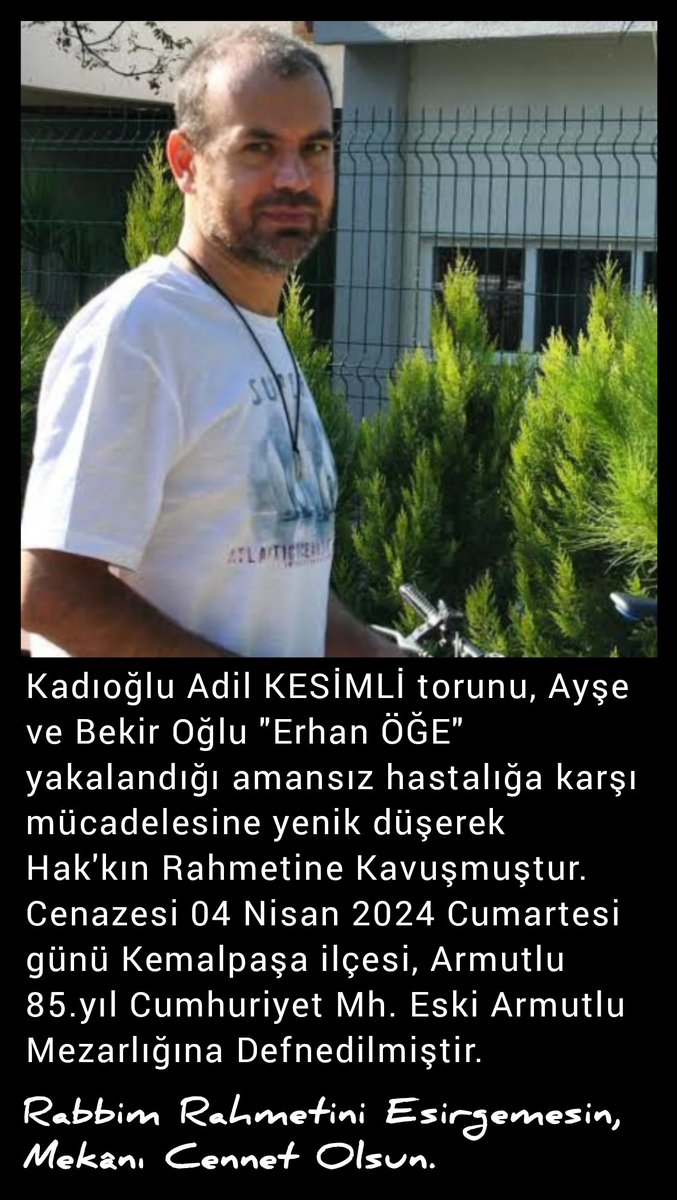 Ercanoge's tweet photo. Abim @OgeErhan 'nın vefatı sebebi ile cenaze namazı ve defnine katılan, arayan, mesaj gönderen, başsağlığı dileklerini ileten herkese teşekkür ediyoruz.
Allah razı olsun https://t.co/D0sEzub6Ov