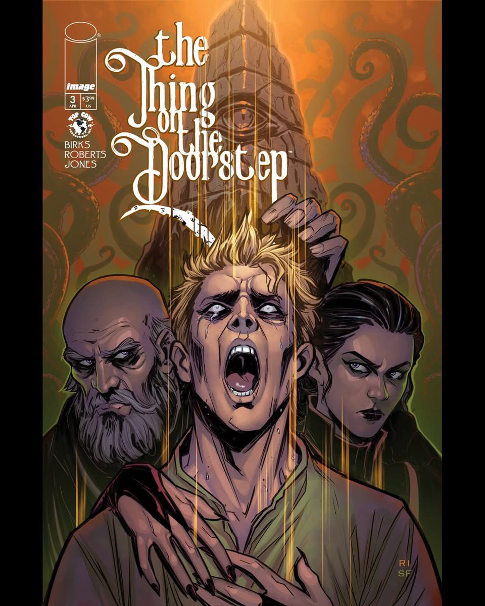 TopCow's tweet image. Something’s wrong… and getting worse. 🕯️

THE THING ON THE DOORSTEP 3 arrives April 15—and the descent into madness deepens.

From H. P. Lovecraft, adapted by @SBirksWriter &amp;amp; @williroberts1 

Issue 2 out now. Catch up before it’s too late.

#ImageComics #TopCow #HorrorComics