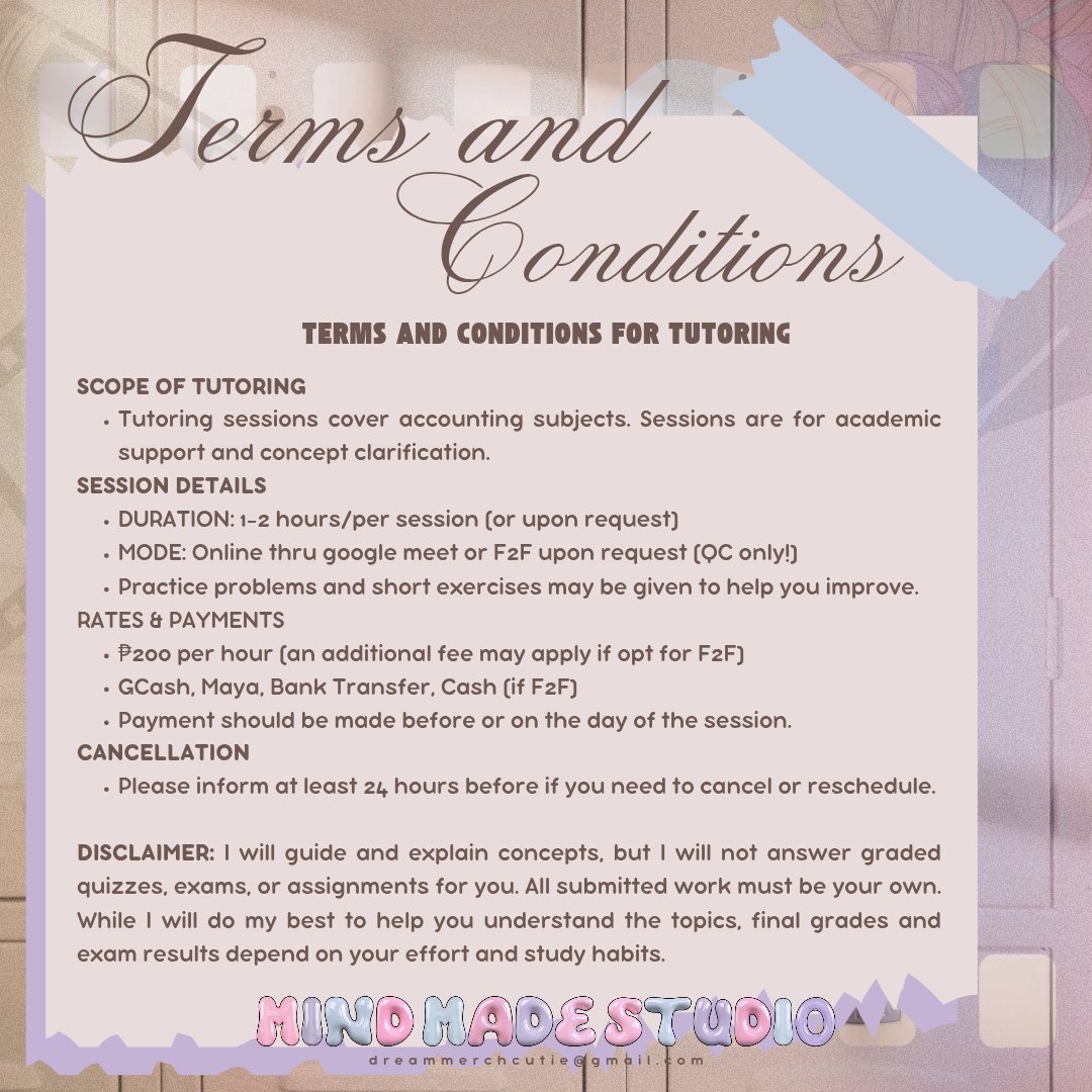 mndmdstd_'s tweet photo. Mind Made Studio is now open for academic related &amp; crochet commissions and accounting tutoring services! ⋆｡ﾟ☁︎｡⋆｡ ﾟ☾ ﾟ｡⋆

» Services offered
» Terms and Conditions

#mmstudio #mmstutorials #mmsproofs https://t.co/AHEivZQNsq