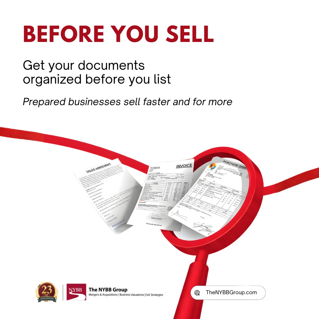 thenybbgroup's tweet photo. Buyer asks for financials. You can’t find last year’s returns or a clean P&amp;L. Equipment list is missing. Lease is “somewhere.” Buyer moves on. It happens all the time. Before you sell, get organized—financials, tax returns, leases, equipment, contracts. https://t.co/8kOdz1CCsb