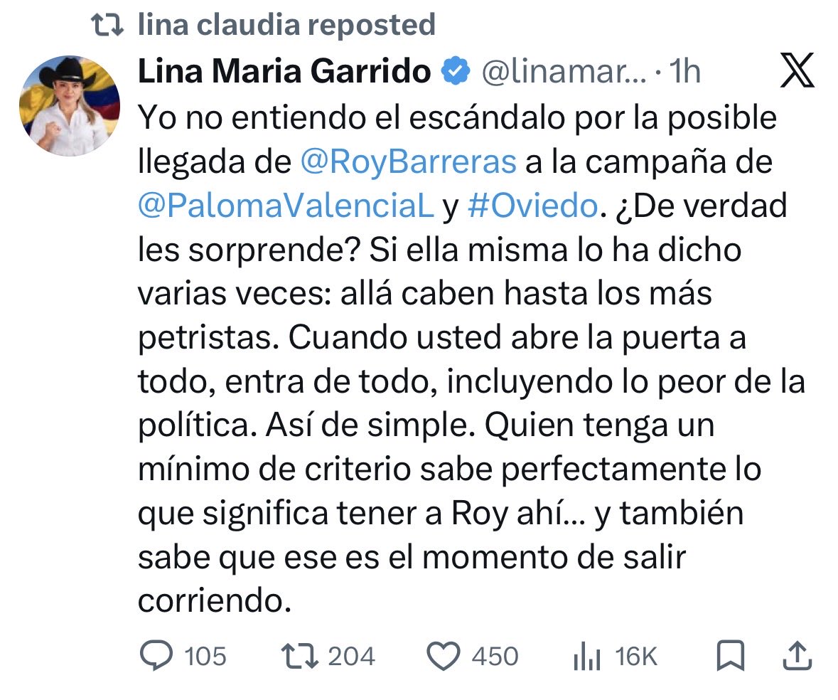 Entonces señora <a href="/linamariagarri1/">Lina Maria Garrido</a> usted es de las que también está empeñada de atacar la candidatura de <a href="/PalomaValenciaL/">Paloma Valencia L</a> y <a href="/JDOviedoAr/">Juan Daniel Oviedo</a> ? 
Pero además de quedar <a href="/PalomaValenciaL/">Paloma Valencia L</a> e <a href="/IvanCepedaCast/">Iván Cepeda Castro</a> a la segunda vuelta , usted se va entonces para la campaña de Cepeda? Al menos esto es