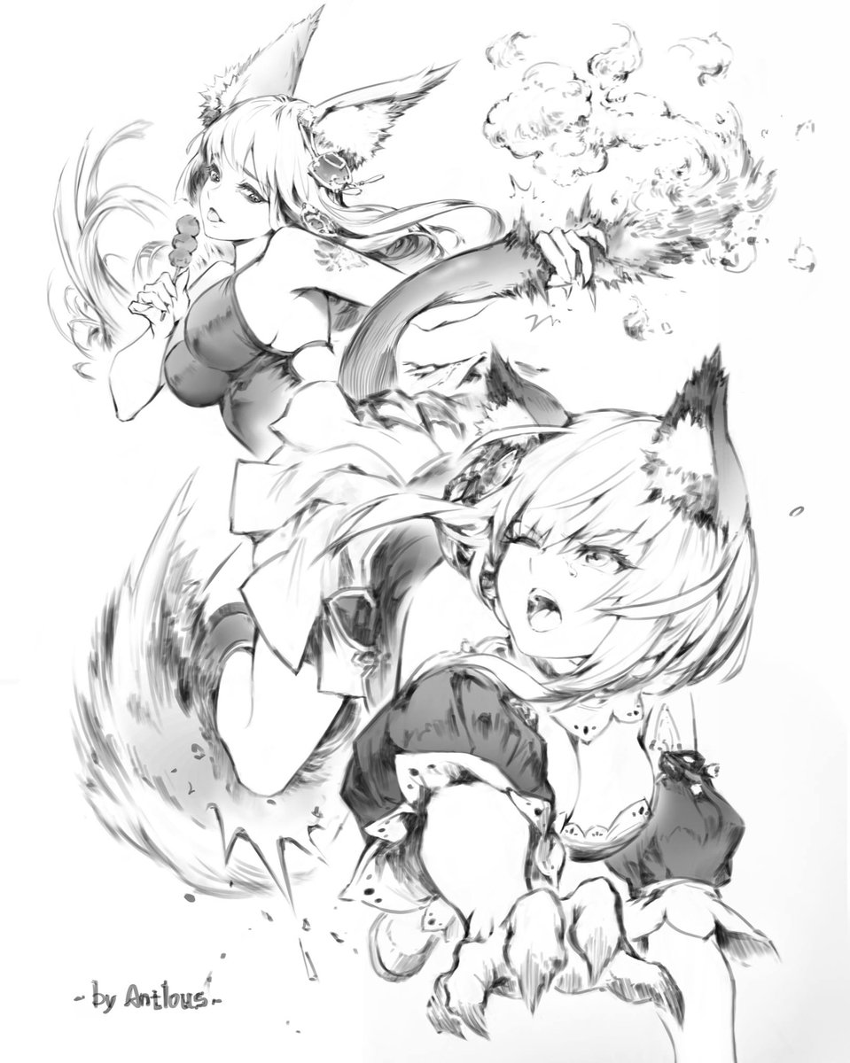 antilous's tweet photo. ●妖女日常 12●-Line Art

貓妖：
「換我了!!」
「……欸!?」

狐妖：
「不及格呦～」

#digitalart #digital2d https://t.co/wTZUK1v1ml