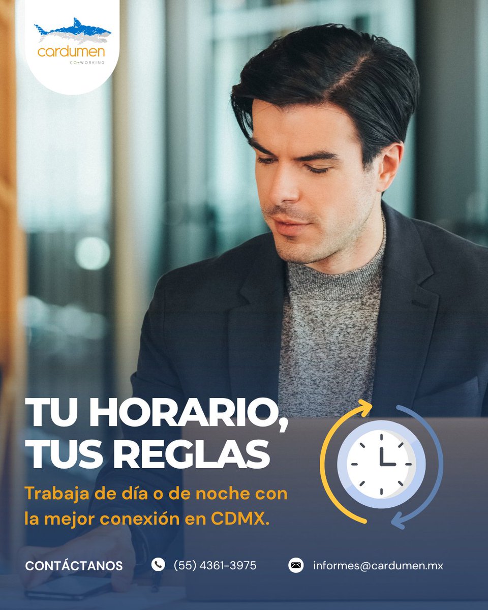 Cardumen_Cowork's tweet image. ⏱️ Tu horario, tus reglas
En Cardumen tienes acceso las 24 horas con internet de alta velocidad siempre disponible. Trabaja de día o de noche con la mejor conexión en CDMX.

Reserva hoy en: cardumen.mx/contacto/
📍 Col. San Rafael, CDMX
#GrupoAdministrategia #coworking