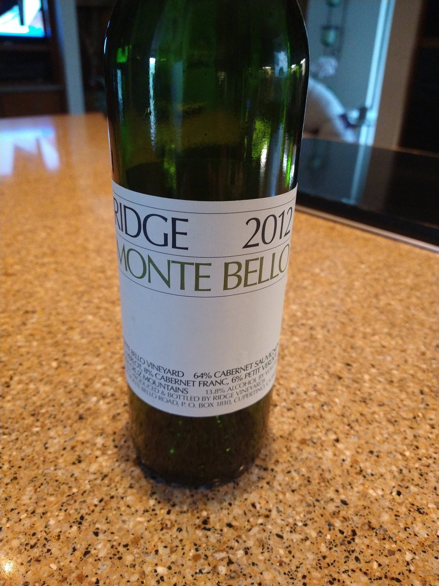 SomeWhim's tweet photo. Let this 2012 Ridge Monte Bello settle in. Rated 98 upon release, this is living proof that this baby goes the distance. Still racy yet balanced as originally described in the rating, it now is moving into dark berry and leather. Totally classy and worth every penny. https://t.co/cPOjtgJJZO