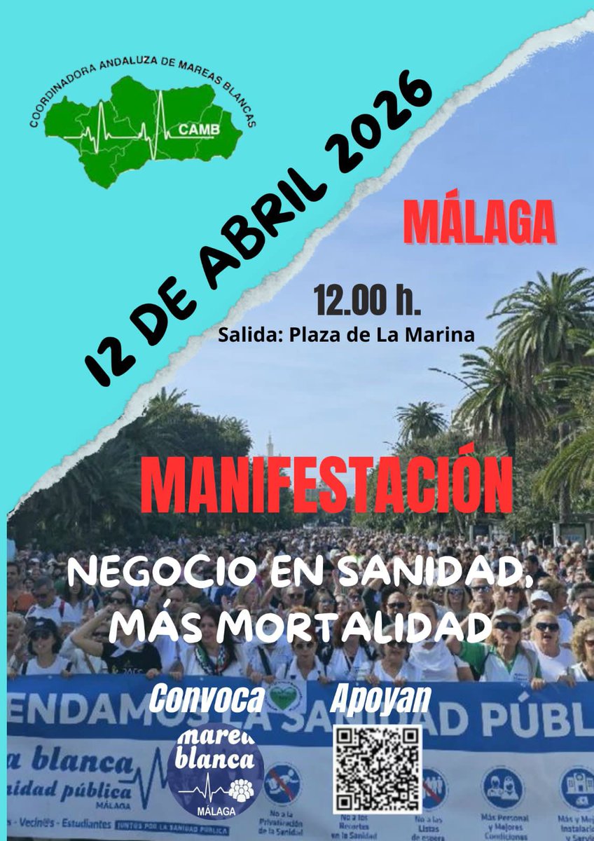IU_Mijas's tweet photo. 🛑 Manifestación por la #SanidadPública !!!
🔥 NEGOCIO EN SANIDAD, MAS MORTALIDAD.
📍 12 de abril en la Plaza de La Marina #Málaga https://t.co/57pBxe5LN2