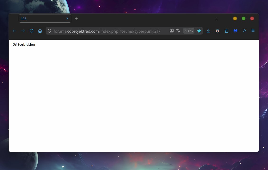 therealwitblitz's tweet photo. @CDPRED_Support Can you guys help? Been getting 403 Forbidden trying to access the Forum. https://t.co/ot8SlCED9M