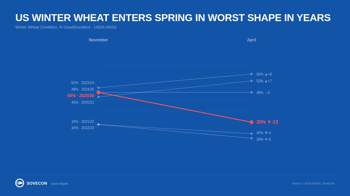 sizov_andre's tweet image. We have a serious problem.

US winter #wheat enters spring in its worst condition in years after a sharp drop in crop ratings due to drought.

#oatt #sizovreport #agwx