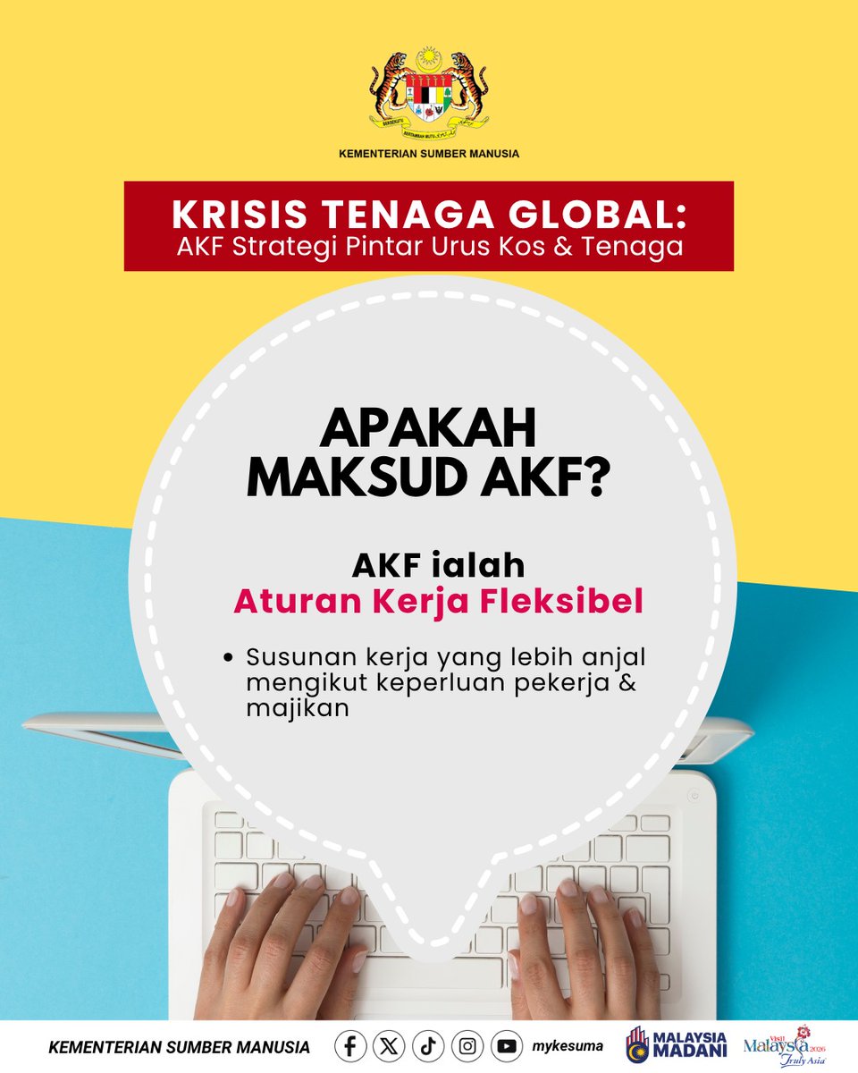 🌍 Krisis Tenaga Global: Strategi Pintar Urus Kos &amp; Tenaga

Tahukah anda apa itu AKF? 🤔
AKF (Aturan Kerja Fleksibel) ialah susunan kerja anjal mengikut keperluan pekerja &amp; majikan.

Solusi penting ke arah persekitaran kerja mampan &amp; berdaya saing 🇲🇾

#KESUMA #MalaysiaMADANI #AKF