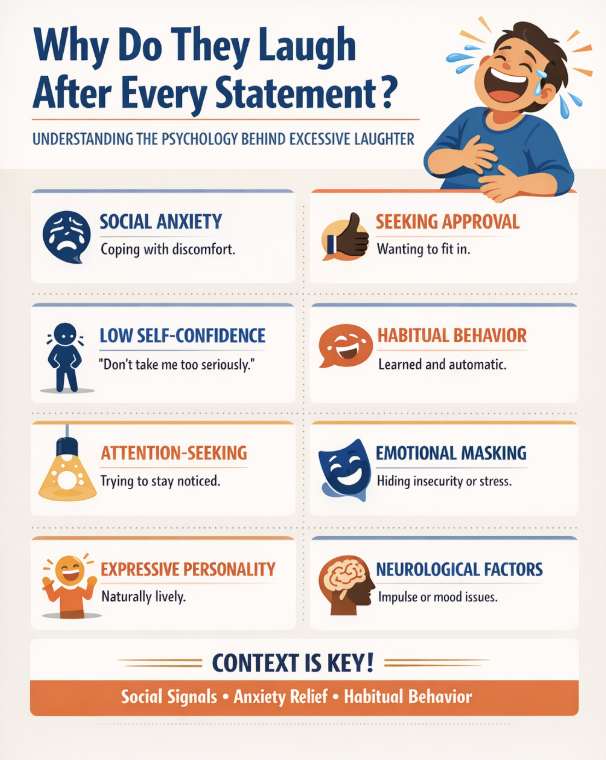 PNJoshi_'s tweet image. #Laugh loudly after almost every statement—especially when nothing is objectively funny...

1. Social Anxiety or Nervousness

Frequent laughter can be a coping mechanism. The person may feel uncomfortable, judged, or unsure how they’re being perceived, so they laugh to ease