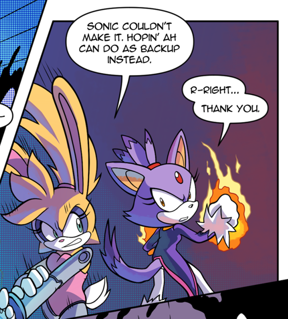all_4sally's tweet photo. New comic from @Sonic_Online came out for Easter Sunday. Fitting that Bunnie Rabbot is the main focus.

Normally I just talk about Sally on here, but just this once, I will make an exception for Bunnie. She deserves a comeback too.

But anyway, this comic is a great idea because it is an official story from Archie that was scrapped before it could release. The long awaited moment where Blaze the Cat would interact with The Freedom Fighters.

It is interesting that despite Blaze being in Archie, she's never had that much interaction with Sally or her friends. Her biggest role in the comics was a story arc featuring only game characters (save for a cameo from Nicole).

The art style is actually really good too. The cover looks like something out of Sonic Rush Adventure.

We also get a nice story of Bunnie helping Blaze fight some enemies, including a new enemy. Even more we learn a bit about her past and where she's actually from.

This comic indicates that Bunnie is not from the main dimension we all know. I'm not sure if that's something that was supposed to be Archie canon or if it's something the writers came up with themselves.

Spoiler Warning, Bunnie Rabbot is actually a native of The Sol Dimension. Apparently her family was close with Blaze's.

Still, I do like the idea, though in the past, I saw it as a way to introduce Echidnas like Julie-Su (not that she's ever likely to return).

Bunnie works though, and now she and Blaze have a developing friendship. This could lead to more interesting story development.

Until the next one...for the crew, keep up the good work.

~MR

Link: https://t.co/vXMIRzsbjC