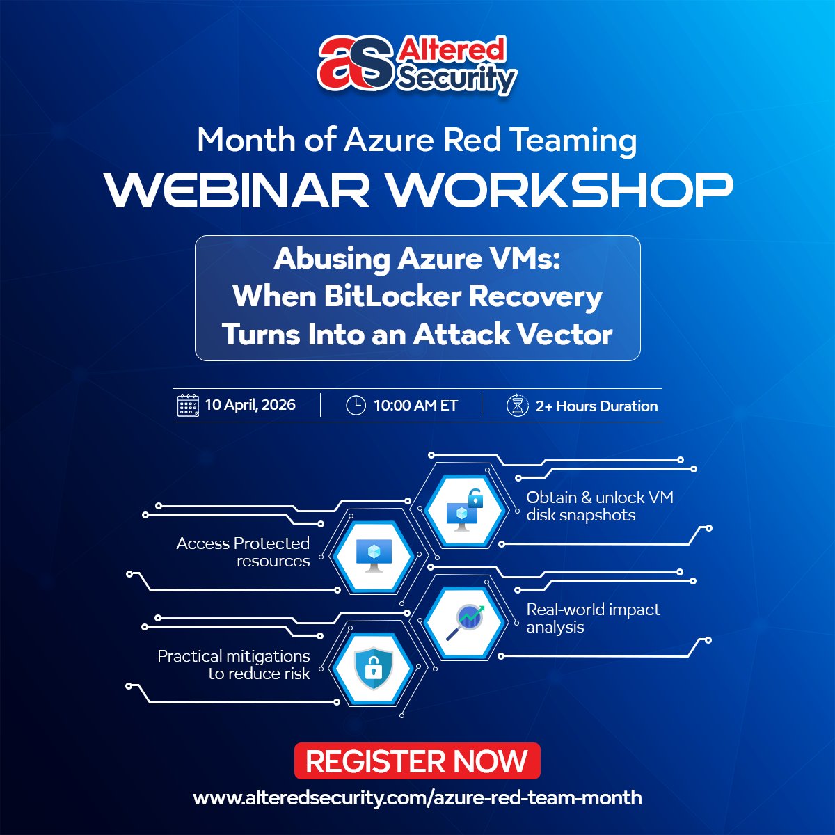 AlteredSecurity's tweet image. The first hands-on webinar for the Month of Azure Red Teaming 2026 is here:

“Abusing Azure VMs: When BitLocker Recovery Turns Into an Attack Vector” by @itsyobroda (Hitesh Duseja)

📅 10 April 2026 | 🕒 10:00 AM ET

This session dives into extracting and abusing BitLocker