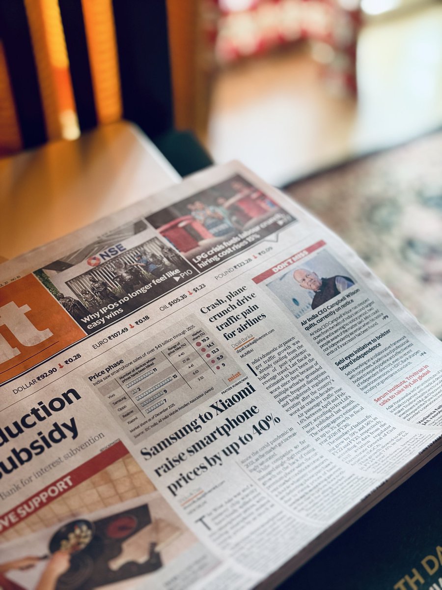 distantvicinity's tweet photo. An excellent P1 on @livemint today, capturing crucial points for two of India’s most important consumer industries: phones, and plane travel.

📌 On Monday alone, at least three brands sent price hike emails to their distribution network. Smartphones, now, are pricier by as much as over 50%!

Imagine finding a phone today at ₹30k, only to find it at ₹45k by tomorrow. Buyers aren’t buying, but the doubling of chip costs means brands and retailers are pushed into a corner too.

Full story in print, with a link to its online version in comments below. With inputs from @navkendarsingh of @IDC, @LakhyaniKailash of @AimraIndia, and @Tarunpathak of @CounterPointTR.

📌 As we sweep into April, @DipaliBanka reports that the last financial year was the worst of late for the aviation industry.

Why? Look back at 2025, and you see a year riddled with the worst plane crash in India in decades, a maddening disruption that nearly derailed India’s top airline, and various delays and disruptions hurting the industry.

Full story on P1, and in the links in comments.

📌 Then, of course, is Dipali’s second break: the resignation of Campbell Wilson. Link attached in the comments too.

Grab a copy of Mint today. Now, more than ever, it’s important to ensure that you read the right news.

#news #breakingnews #analysis #smartphones #aviation #pricehike #vivo #oppo #samsung #airindia #indigo #iranwar #chipshortage