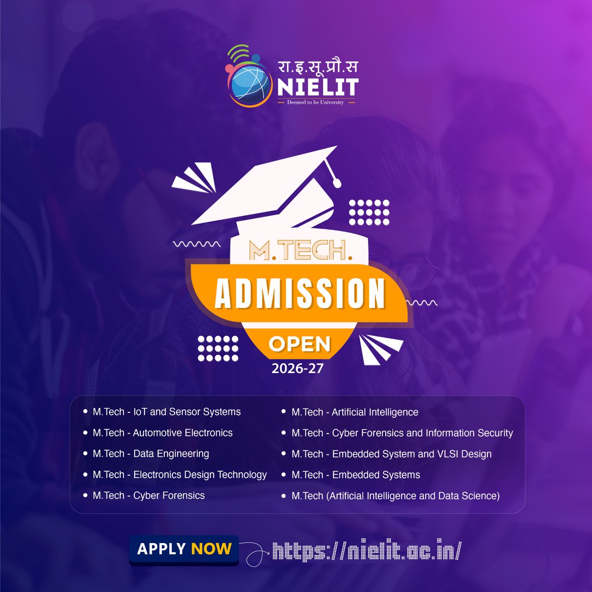 #AdmissionsOpen 2026–27!
#NIELIT Deemed to be University invites applications for
M.Tech. programs in cutting-edge #IECT domains 💻
🚀 Shape your future with advanced skills &amp; innovation
🔗 Apply now: nielit.ac.in
#NIELIT #AdmissionsOpen #MTech