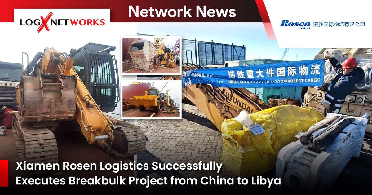 LogxNetworks's tweet photo. ✅ Xiamen Rosen International Logistics Co.,Ltd Successfully Executes Breakbulk Project from China to Libya. The total shipment comprised 44 packages, weighing 527 tons and measuring 1,525 cubic meters.

Well done, Xiamen Rosen Logistics Co.,Ltd.
https://t.co/o006AZlHrv

#LogX https://t.co/xXQKb7CkpL