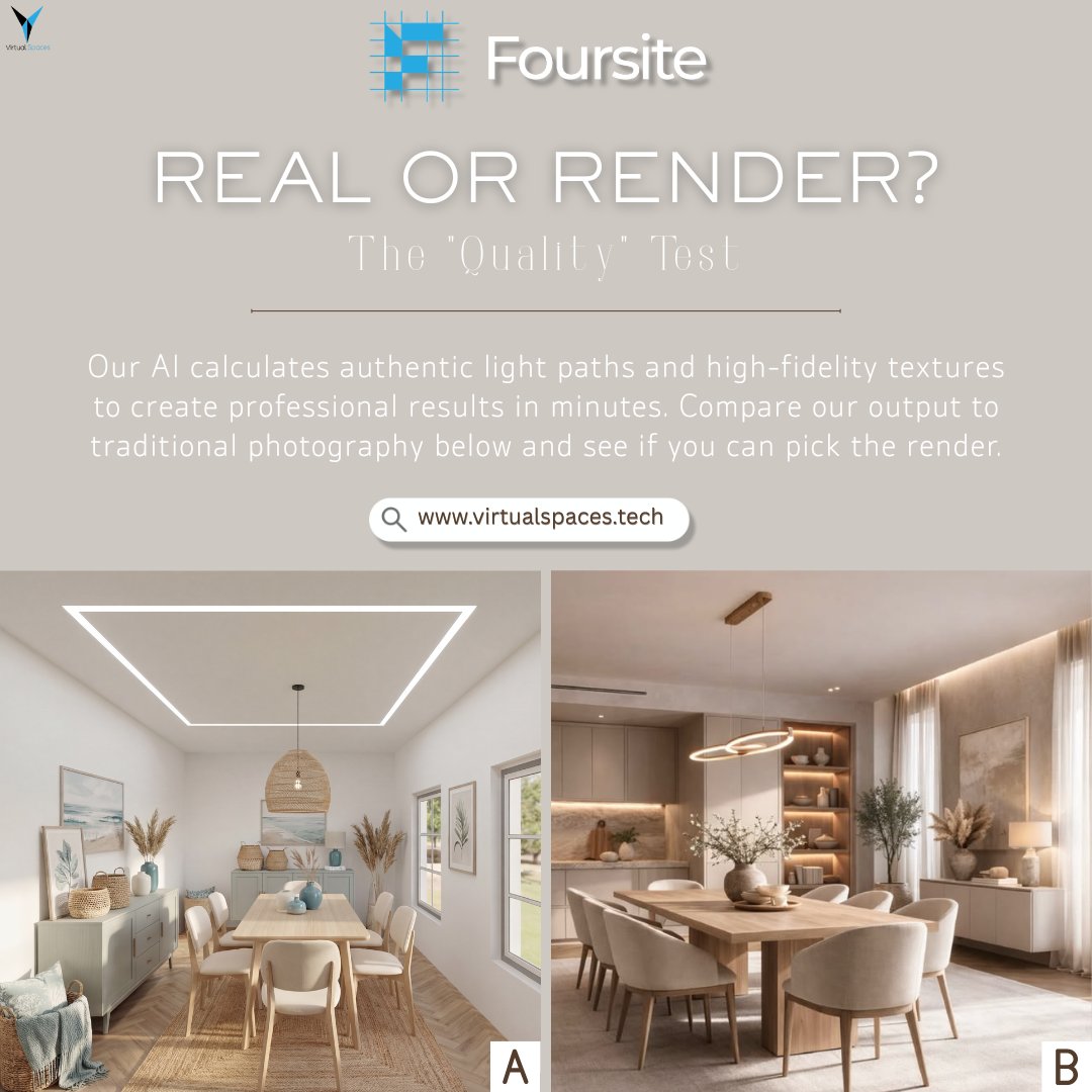 The gap has closed. Foursite calculates authentic light paths and high-fidelity textures in minutes. Compare the two dining layouts below.

Which one is a render? Comment A or B! 👇

👉Sign up: virtualspaces.tech

#AI #PropTech #2Dto3D #Foursite