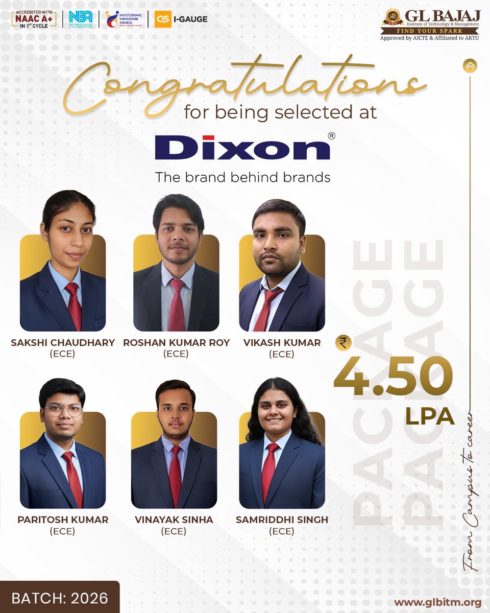 Heartiest congratulations to our shining stars from the ECE batch of 2026 for securing placements at Dixon – The Brand Behind Brands.

Your dedication, perseverance, and hard work have truly paid off, and this is just the beginning of an incredible journey ahead. 

GL Bajaj takes