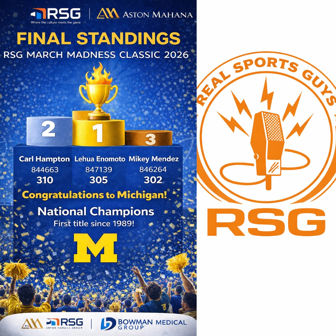RealSportsGuys's tweet photo. FINAL STANDINGS 🏆

🥇 Carl Hampton — 310
🥈 Lehua Enomoto — 305
🥉 Mikey Mendez — 302

Hammer &amp; Lehua took the top prizes 💪

🏀 Michigan wins their first title since 1989!

#RSGMarchMadness #Champions https://t.co/HbEK3KYiF5