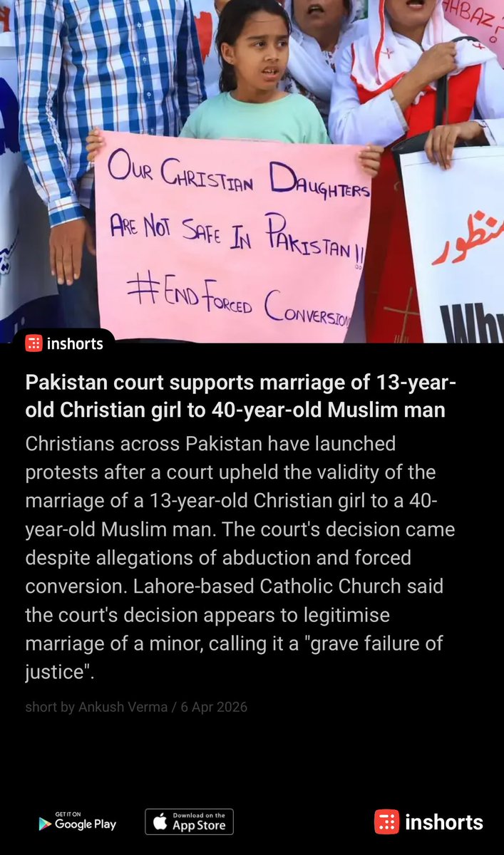 prathamMantri's tweet photo. Pakistan court supports marriage of 13-year-old Christian girl to 40-year-old Muslim man
https://t.co/w2vpSTMkzR
 @realDonaldTrump Can we do something about this? Hope this reaches you! https://t.co/WA3hWaebA2