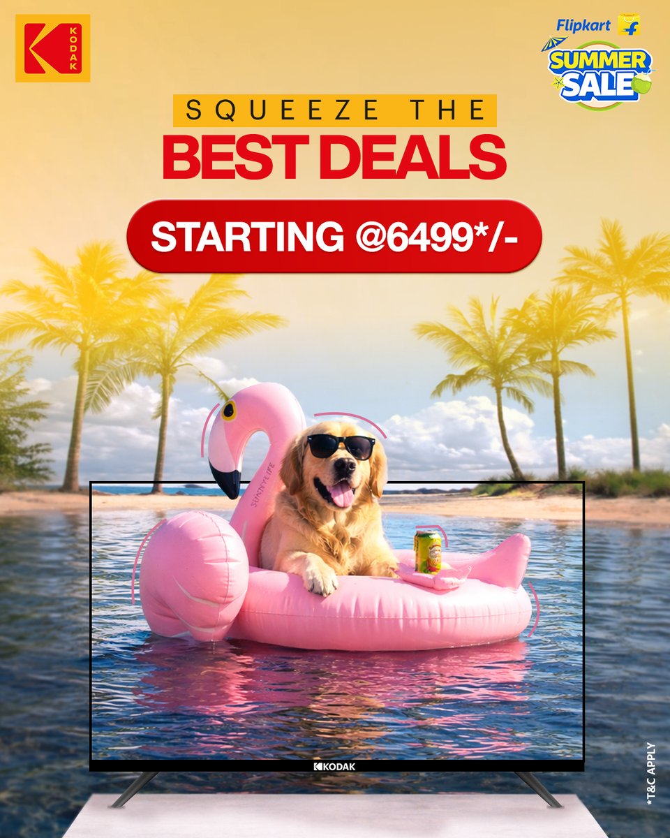 kodaktvindia's tweet image. Turn up the fun this season and squeeze every drop of entertainment out of your summer! ☀️📺

Bring home vibrant visuals, immersive sound, and endless binge-worthy moments with Kodak TVs now starting at just ₹6499.

Buy Now on Flipkart

#SummerSale #BestDeals