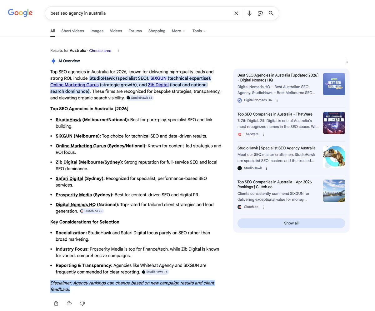 gaganghotra_'s tweet image. AI Overviews is just Disclaimer maxing nowadays! #SEO

-&amp;gt; best seo agency in australia
"Disclaimer: Agency rankings can change based on new campaign results and client feedback."