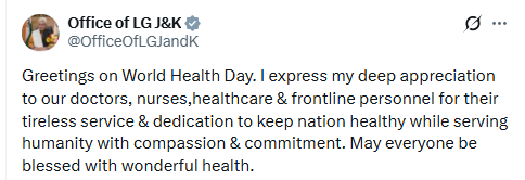 GulistanNewsTV's tweet image. LG @manojsinha_  hails healthcare warriors on World Health Day, appreciating their dedication and service.
@OfficeOfLGJandK 

#WorldHealthDay #ManojSinha #HealthcareWorkers #JammuAndKashmir