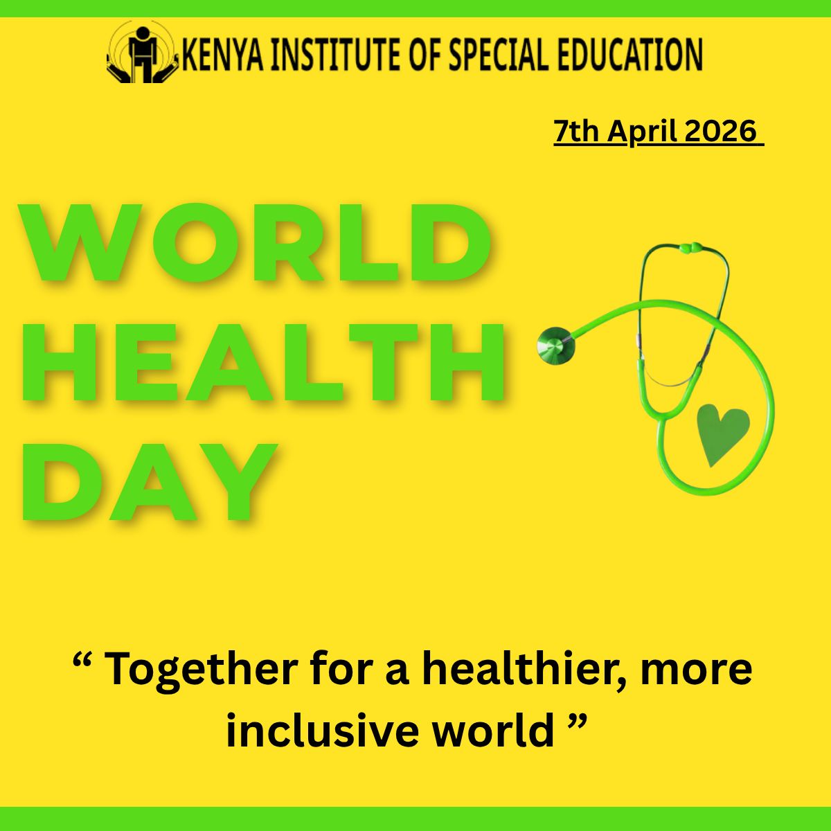 Happy #WorldHealthDay

​At the Kenya Institute of Special Education, we believe a healthier world is one where no one is left behind. Let’s continue to champion inclusive health services for everyone.

​#KISE #WorldHealthDay2026 #InclusiveHealth #Kenya