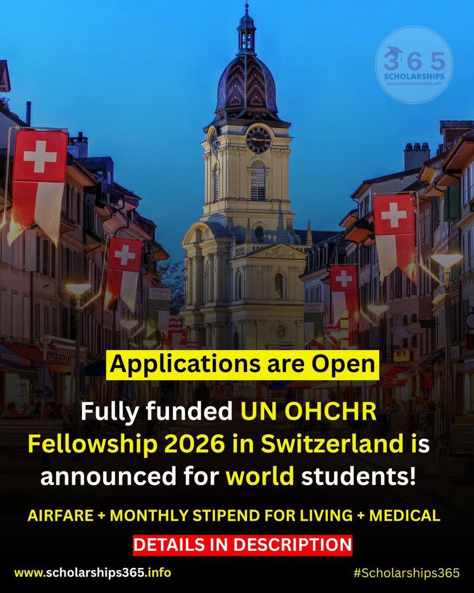 scholarship_365's tweet image. #Switzerland Last 7 Days! Fully Funded UN OHCHR Fellowship 2026 is announced for world students Selected candidates will work inside the UN system for 12 full months on real projects involving torture and slavery survivors.

Benefits: They cover your flight, your housing, your