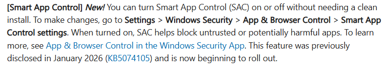 ccmexec's tweet image. In the #Windows11 March 26, 2026—KB5079391 preview release, Smart App Control can now be turned on and off without a clean install. Great for smaller customers easy to test out!
support.microsoft.com/en-us/topic/ma…