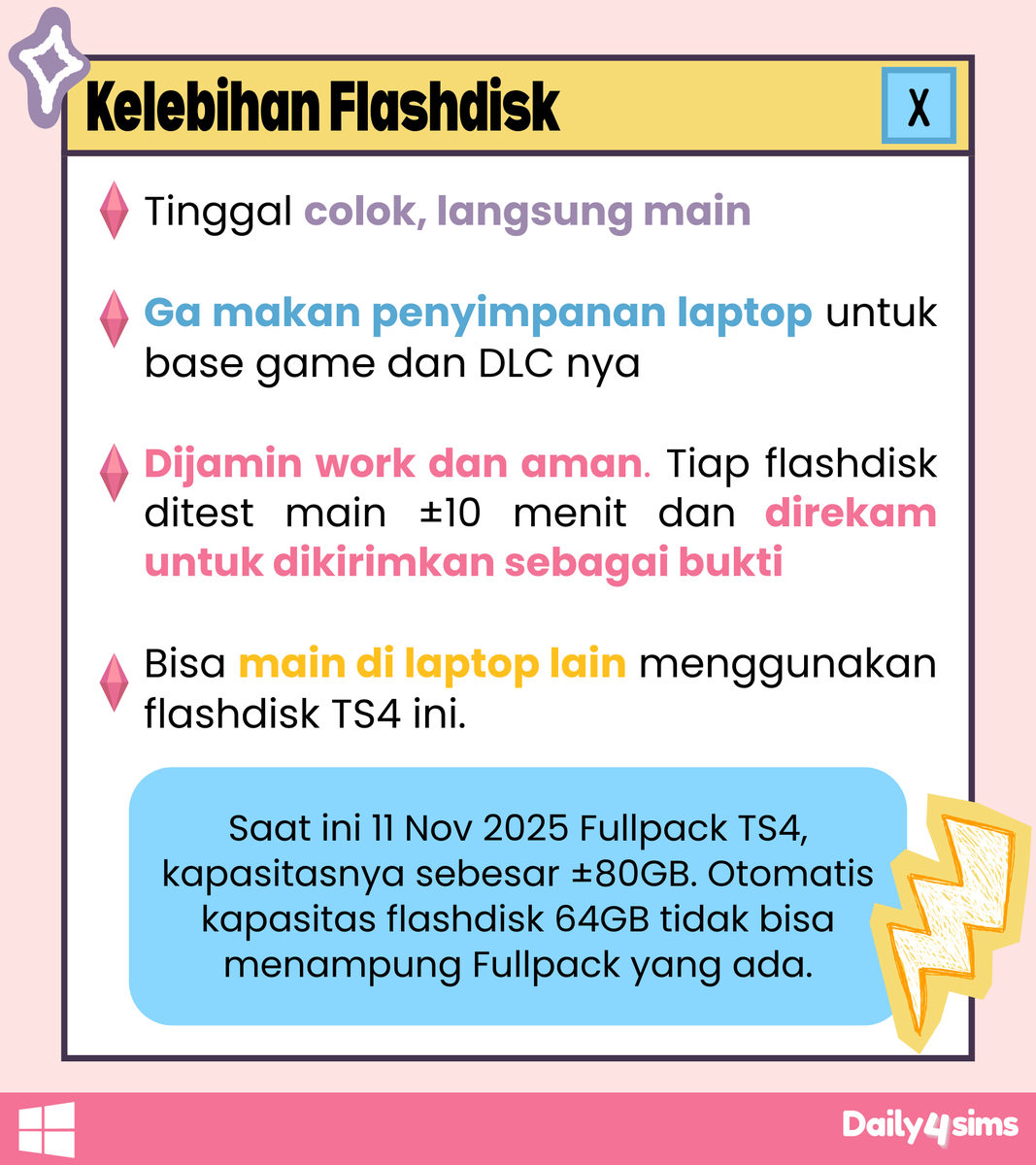 daily4sims's tweet photo. [LIMITED STOCK] #zonauang 

Ready FLASHDISK The Sims 4 Portable
untuk versi basic dan mini

Mumpung lagi dapet hari murah 4.4 kemarin. 
read speed basic = up to 100MB/s
read speed mini = 250MB/s https://t.co/MjtZU23mKT