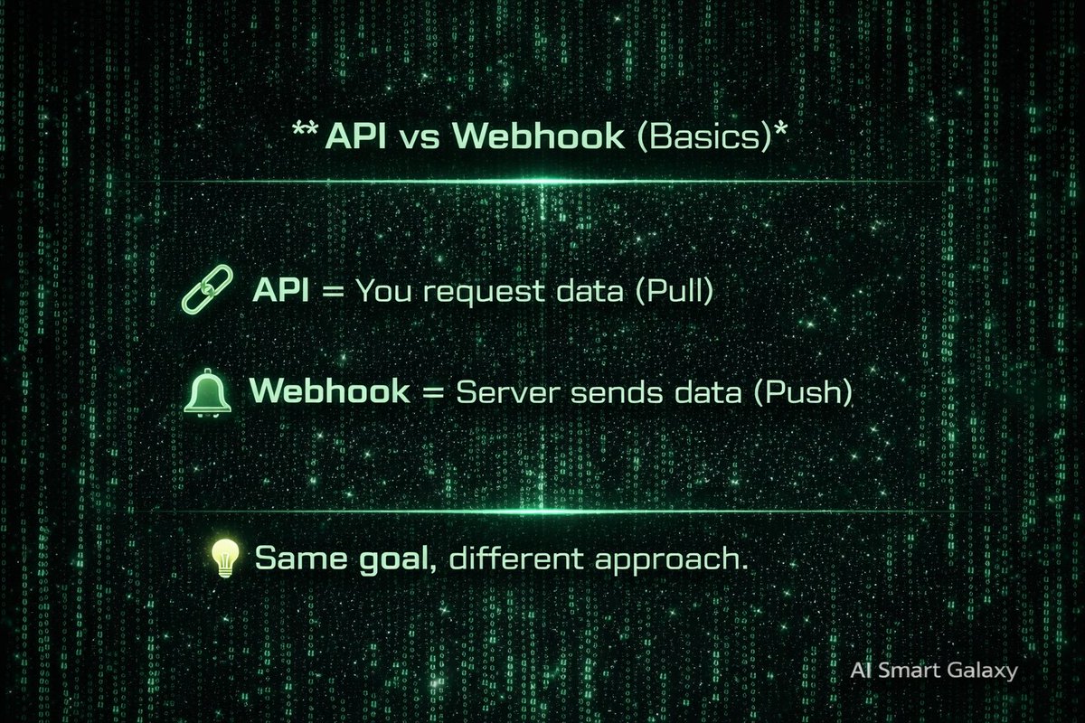 AiSmartGalaxy's tweet photo. API vs Webhook — Simple but Powerful Difference

API = You ask for data (Pull)
Webhook = Server sends data (Push)

Faster updates, less load, smarter systems
Best apps use both together

#api #webhook #webdevelopment #backend #programming #softwareengineering #aismartergalaxy https://t.co/kfg6zBM8br