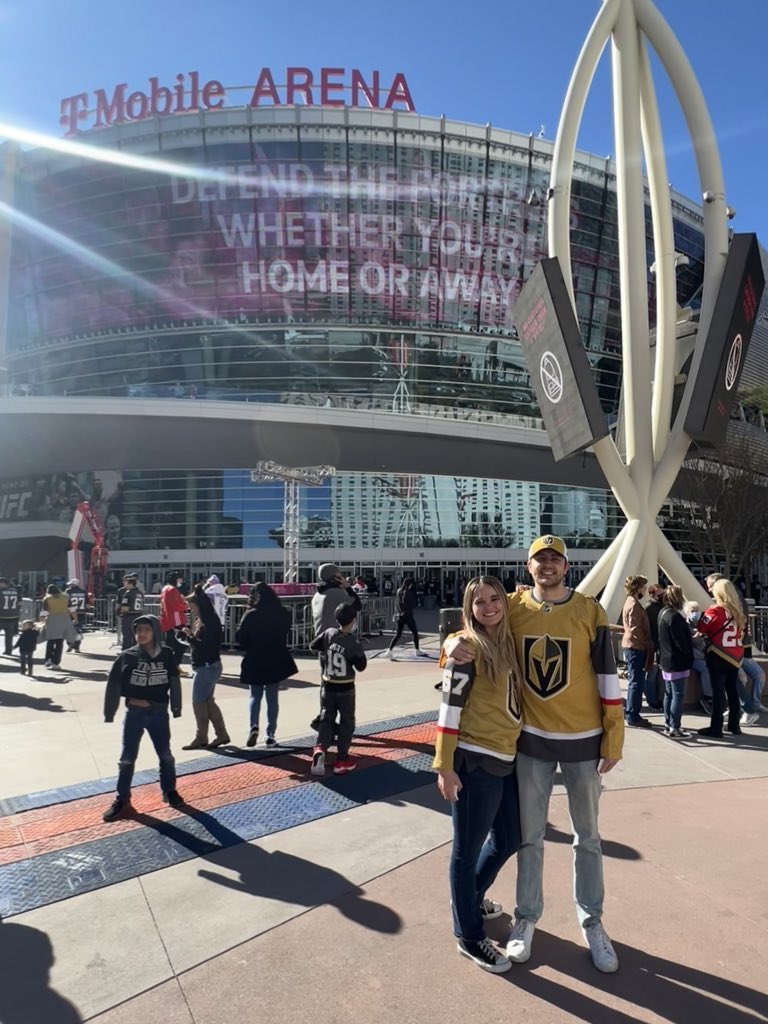 JosieAve's tweet photo. When he messaged me “Have you ever been to T-Mobile Arena it’s on my bucket list” So I took him for a VGK game. 

Flash Forward a little over 5 years later we are married and have been here many times together 💛

Thanks @TMobileArena and @GoldenKnights 😉 https://t.co/8Oraa04W0Y