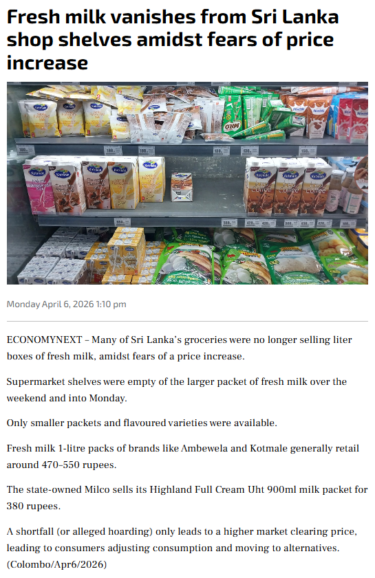 Channa_Amare's tweet image. Amid shortage of #lka fresh milk, Ambewela and Kotmale UHT milk prices have increased

Their full-fat milk is now Rs550/l, while non-fat is Rs570/l
- Up from Rs500-520/l and Rs520/l respectively

Other UHT fresh milk brands like Anchor, RichLife and Maliban are hard to find

#CSE
