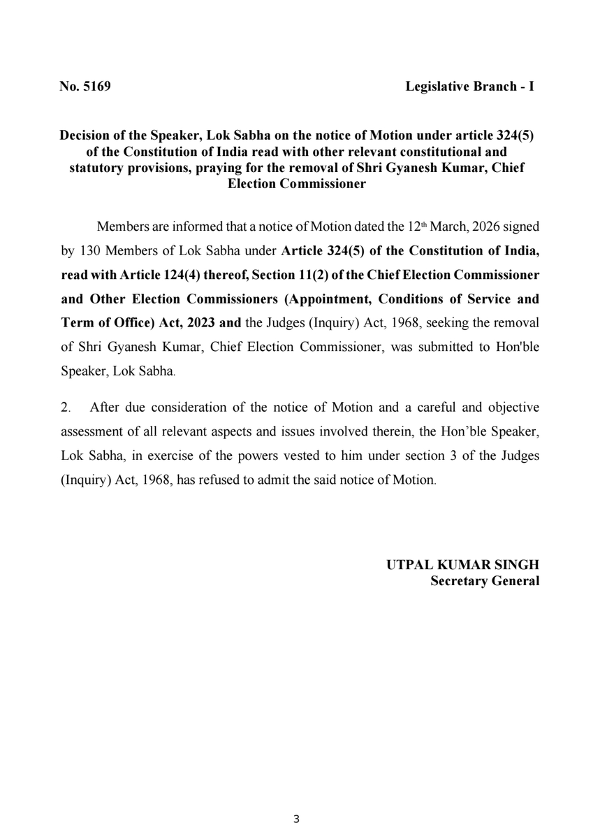 लोकसभा स्पीकर ओम बिरला ने चीफ इलेक्शन कमिश्नर (CEC) ज्ञानेश कुमार के खिलाफ इंपीचमेंट मोशन को खारिज कर दिया।